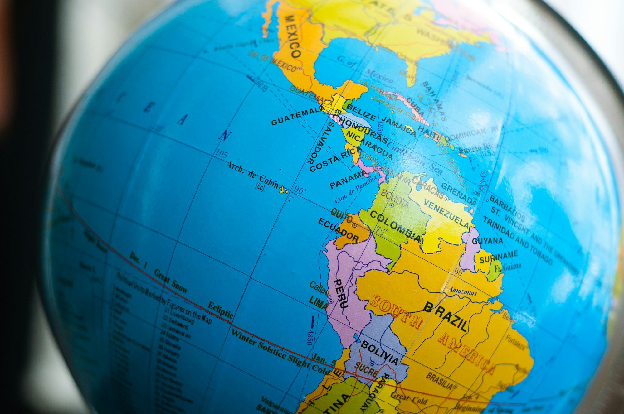 south america on the globe map